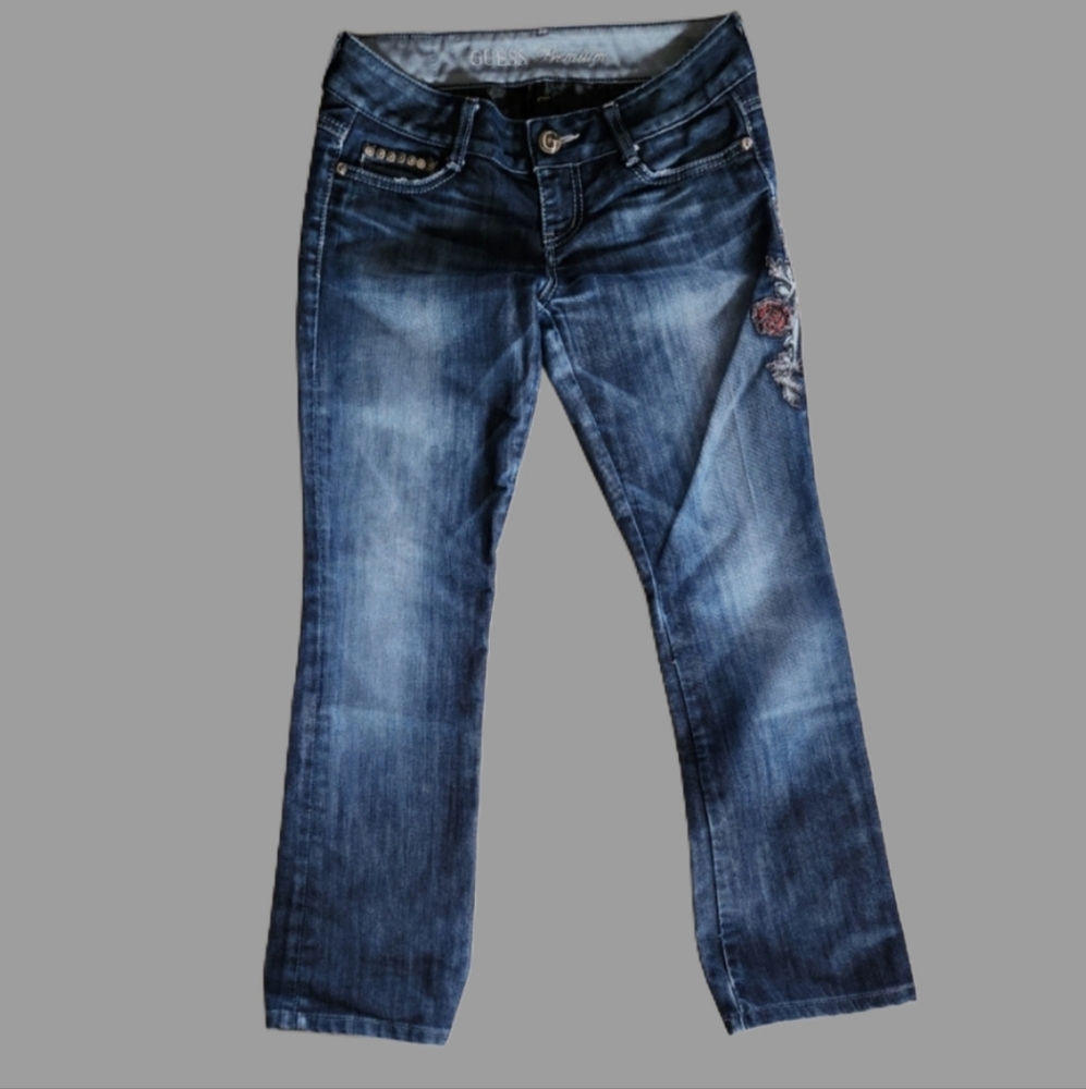 Vintage Guess 26 Blue Straight Leg Hemmed‎ Bejewelled Angel Bum Very Short Jeans